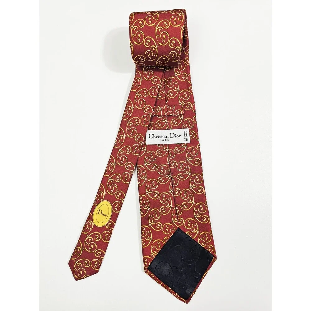 Christian Dior Vintage Red Yello Scroll Silk Tie Made in France